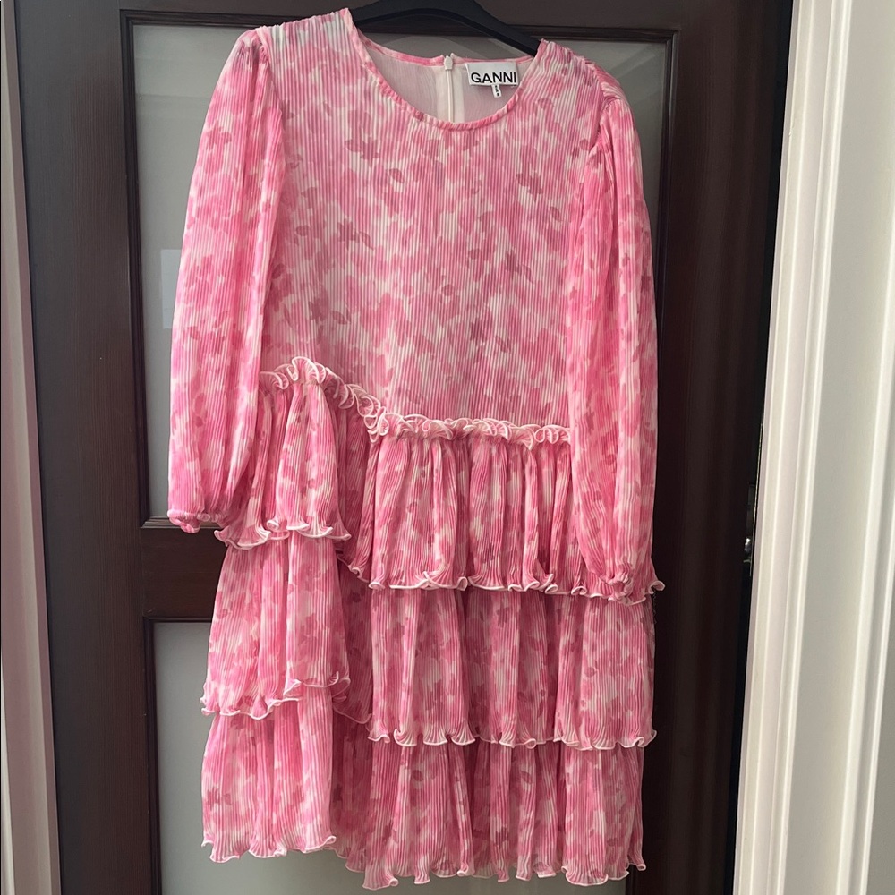 Ganni pink ruffle dress